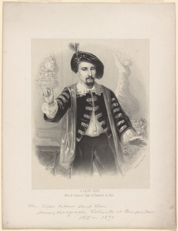 Man in ornate 19th-century theatrical costume with feathered hat, fur-trimmed cape, and raised right arm in formal gesture.