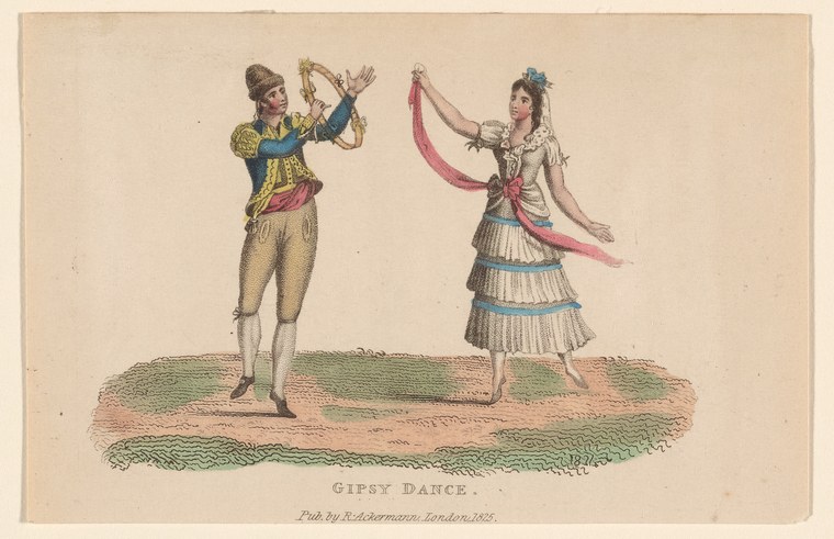 Two dancers in early 19th-century theatrical costume pose face-to-face in an open landscape: a man in a yellow jacket with raised arms, a woman in a white