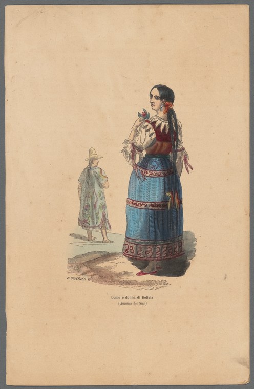 Hand-colored engraving of a woman in red velvet bodice and embroidered blue skirt, standing with expressive hand gestures beside a smaller figure in green coat.