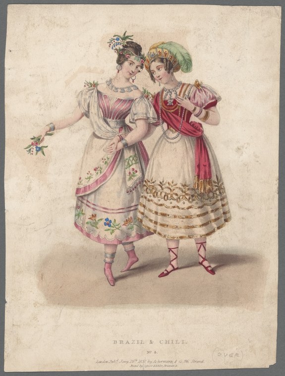 Two Regency-era women in fashionable dress stand close together, one in rose-trimmed muslin, one in crimson silk with military details.