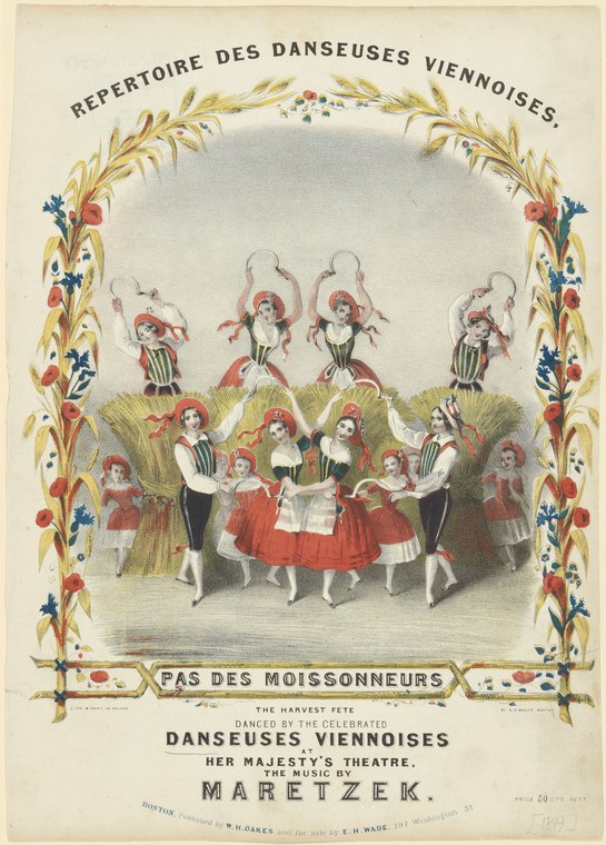Chromolithograph cover showing twelve young women in red skirts and white blouses dancing in a harvest-themed theatrical scene, framed by golden wheat and