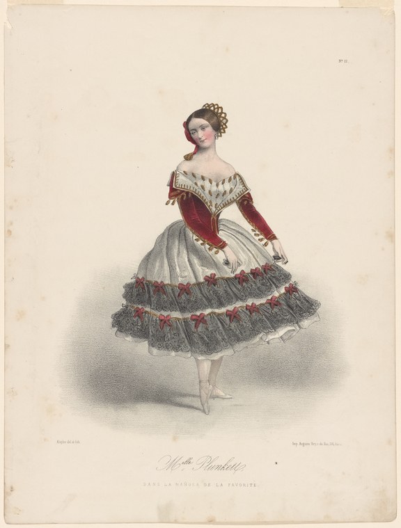 A standing woman in 19th-century theatrical costume: white bodice, red velvet sleeves, white skirt with black tulle flounces and red bows, jeweled headdress.