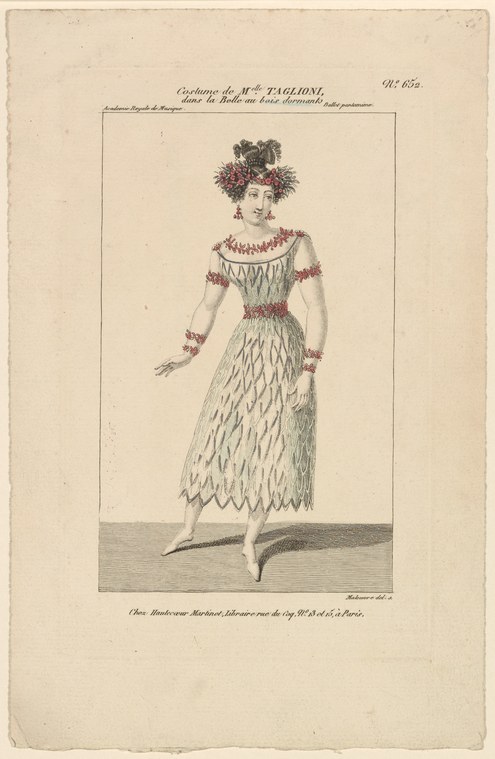 Hand-coloured engraving of a woman in Romantic-era ballet costume: off-shoulder tulle dress with scalloped hem, floral crown, standing in formal pose.