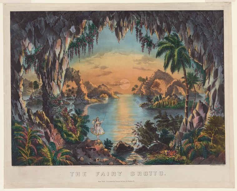 A woman in a pale dress stands in a vast limestone cavern, gazing at a distant figure dancing on luminous water at sunset.