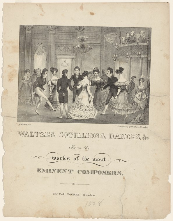 Engraved ballroom scene with well-dressed couples dancing the waltz in a grand interior with columns and chandeliers.