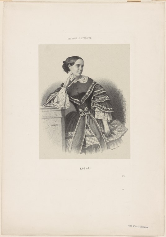 Engraved portrait of a 19th-century woman in dark dress holding a fan, gazing rightward in formal pose.