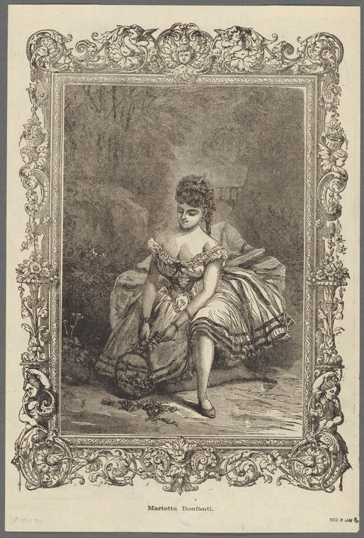 Ballerina Marietta Bonfanti in Romantic-era white silk dress with off-shoulder sleeves, posed in formal ballet attitude against dark interior backdrop, ornate