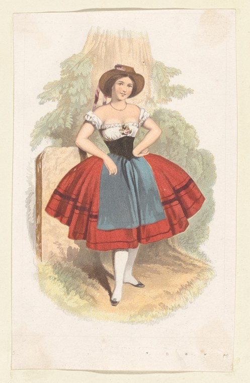 A woman in Central European folk costume stands against a tree: white peasant blouse, dark bodice, and a voluminous tiered skirt in red and blue with deep