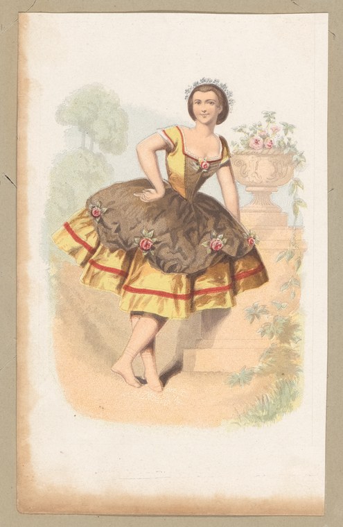 Young woman in yellow bodice and brown tiered skirt with yellow ribbons, posed barefoot on one leg in arabesque, tiara on dark hair, stone flower urn at right.