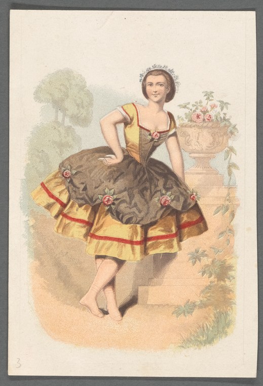A woman in yellow corset and embroidered skirt with red and yellow stripes stands barefoot in a garden, one hand at hip, looking upward, with roses behind her.