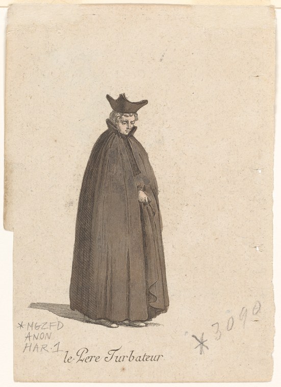Single standing figure in dark cloak and three-pointed hat, holding a small object, rendered as an 18th-century engraving.