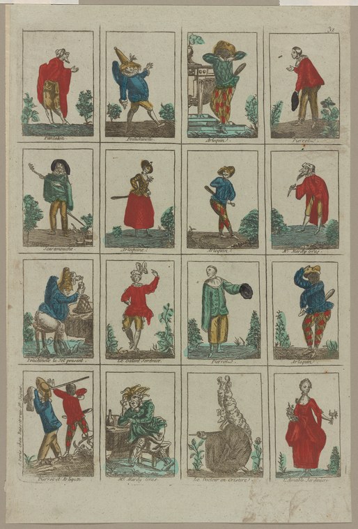 Grid of sixteen hand-colored engravings showing commedia dell'arte stock characters in exaggerated theatrical poses and costumes.