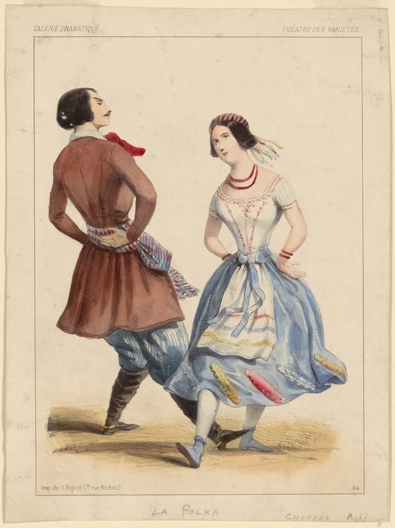 Hand-colored print of a man and woman in folk dress dancing the polka, animated and mid-motion against a plain background.
