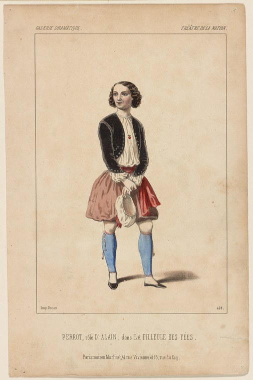 Hand-colored engraving of a male dancer in 18th-century theatrical costume: dark jacket, red skirt, blue stockings, posed frontally against a plain background.