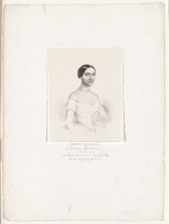 Lithographic portrait of a young woman in white off-shoulder dress, turned three-quarter right, with dark hair parted at center.