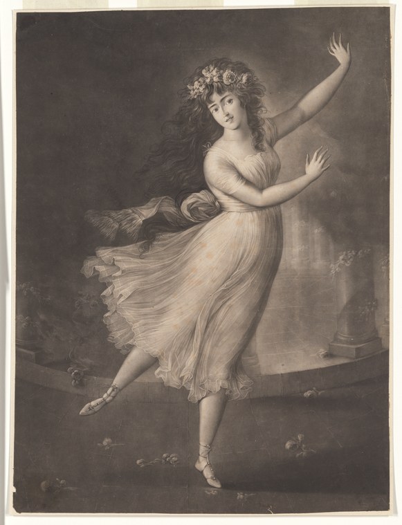 Female dancer in a flowing white gown on pointe, arms raised, crowned with flowers, engraved against a dark background.