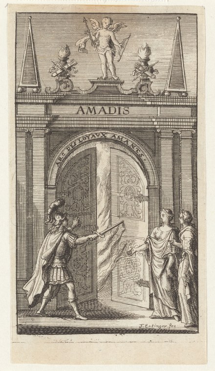 Engraving of three classically dressed figures in a columned portico: an armed knight gestures toward two women in flowing robes.
