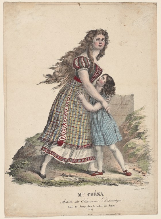 Woman in Romantic-era ballet costume with puffed sleeves and plaid skirt, in dynamic pose with upward gaze; child in blue dress reaches toward her.