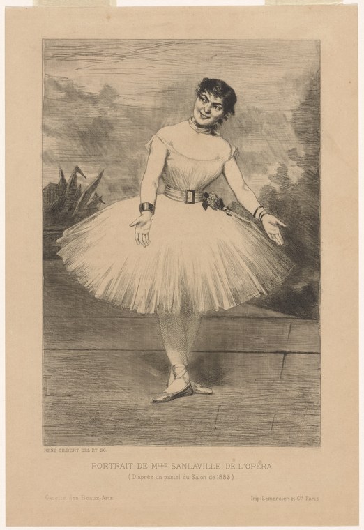 A young woman in a ballet tutu and pointe shoes stands in a composed pose, looking toward the viewer, rendered in fine engraving.