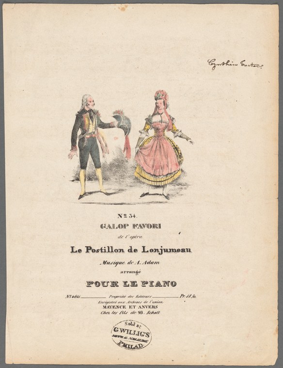 Hand-colored engraving of a man and woman in 1830s dress, posed formally below a title identifying a galop from an opera.