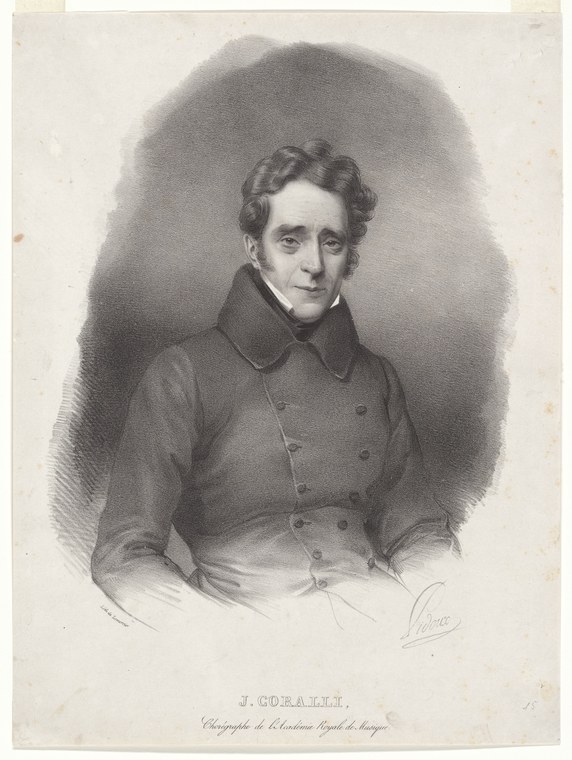 Engraved portrait of Jean Coralli, a young man with dark wavy hair in early 19th-century coat and collar.