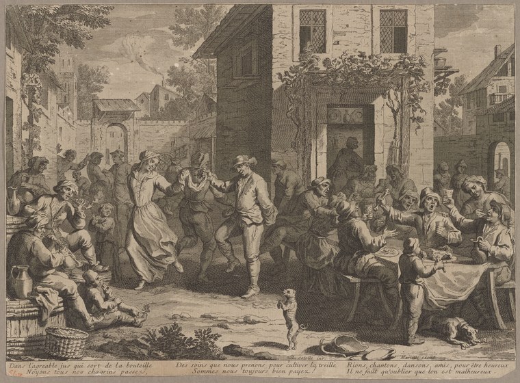 A dense crowd of peasants in a village square: some dancing with raised arms at left, others seated eating and drinking around baskets of food.