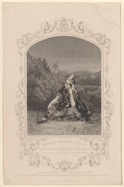 Woman in theatrical costume seated in a landscape, wearing decorated dress and hat, holding a fan, surrounded by ornamental rococo frame.