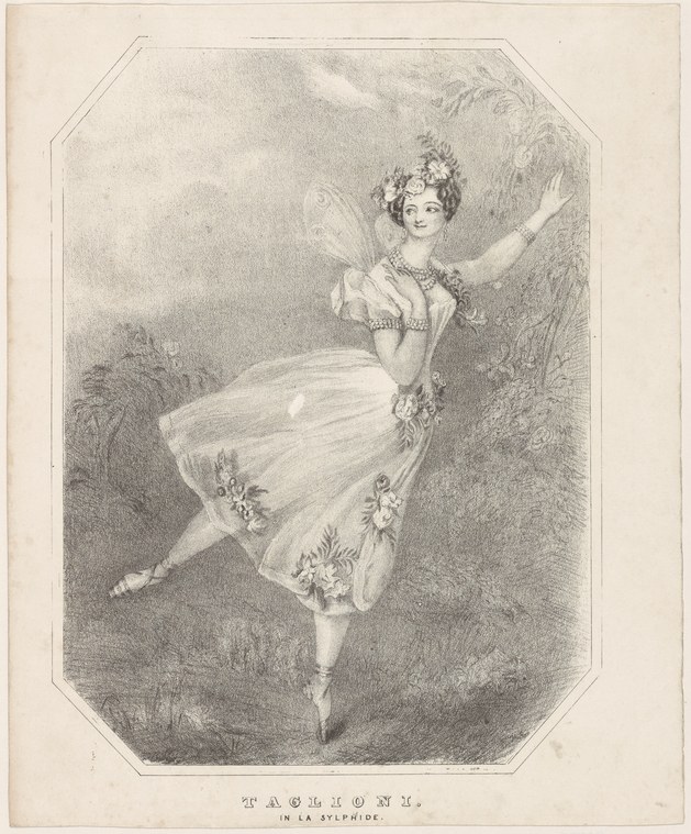 A young woman in a white tulle Romantic-era ballet costume with flowers at the hem, arms raised, one leg extended, posed as if in flight.