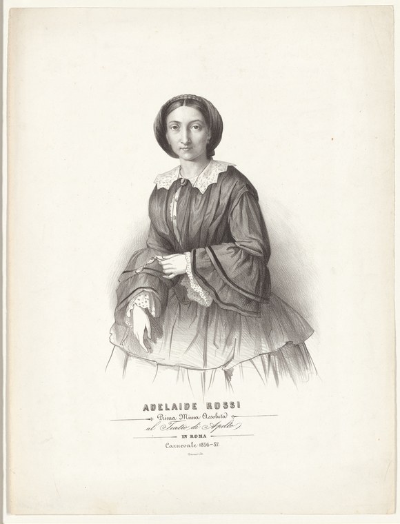 Engraved portrait of a young woman in 1850s dress holding a fan, identified as Adelaide Rossi, prima mima assoluta at Rome's Teatro di Apollo.