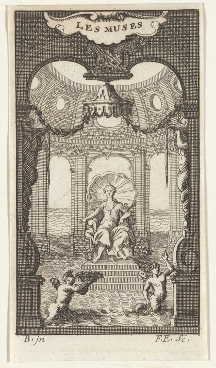 Engraving of a seated classical female figure (a Muse) on a plinth within a grand columned interior, flanked by putti in water below.