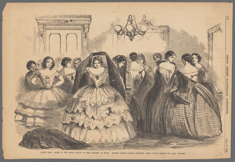 Women in a crowded ballroom, some in simple calico dresses, others in elaborate ball gowns with veil and shawl, changing clothes before an evening ball.