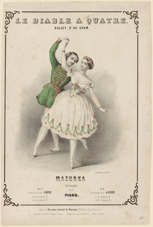 Male dancer in green coat lifts female dancer in white tulle, her body arched backward, arm raised, in a Romantic-era ballet lift.