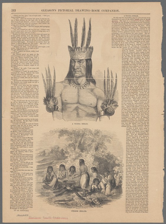 Wood engraving of a Yosemite Indian man holding reed bundles with headdress, and below, Native American women and children gathered outdoors.