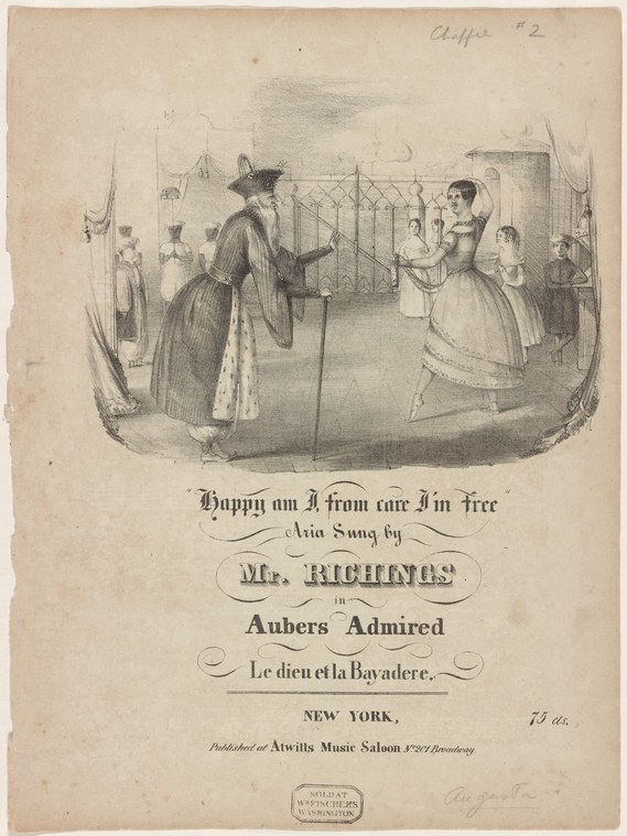 A man in a dark coat and hat leans forward with extended arm toward a woman in a pale dress surrounded by attendants, separated by a decorative fence.