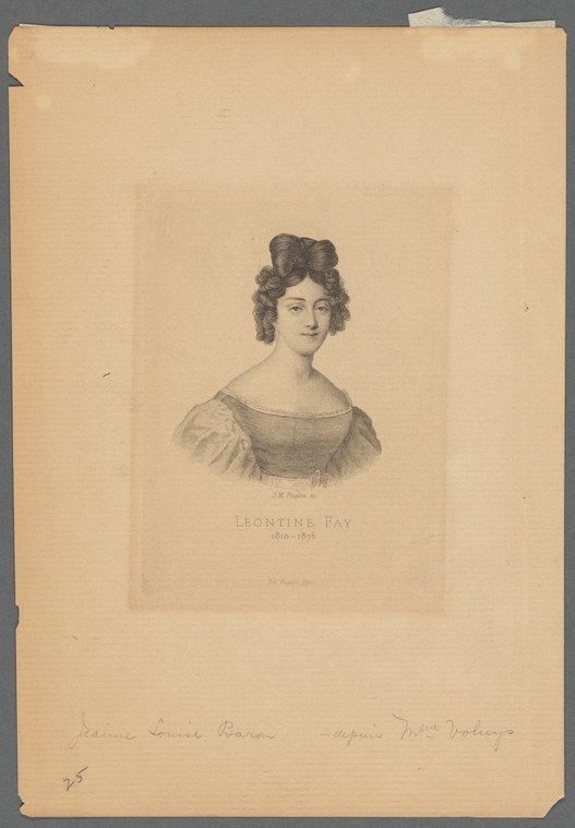 Engraved portrait of a young woman in Regency dress and hairstyle, facing three-quarter right, inscribed Leontine Fay 1810–1876.