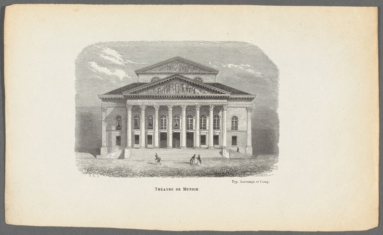 Engraving of a symmetrical neoclassical theater building with eight columns, a pediment, and small figures at its entrance.