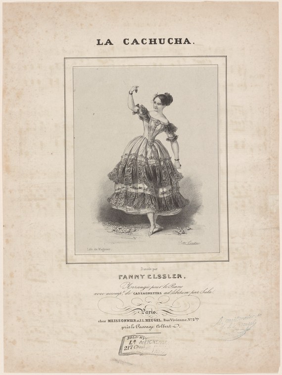 Woman in 1830s-era ballet dress with layered white skirt and short sleeves, standing in elegant pose with right arm raised, theatrical portrait engraving.