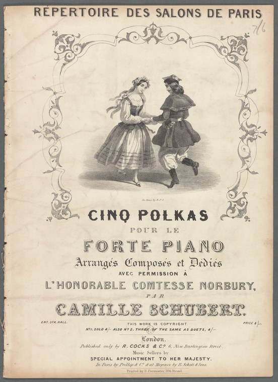 Engraved ballroom scene of a man and woman dancing polka in formal 19th-century dress, framed by ornate Baroque scrollwork on a music publication cover.