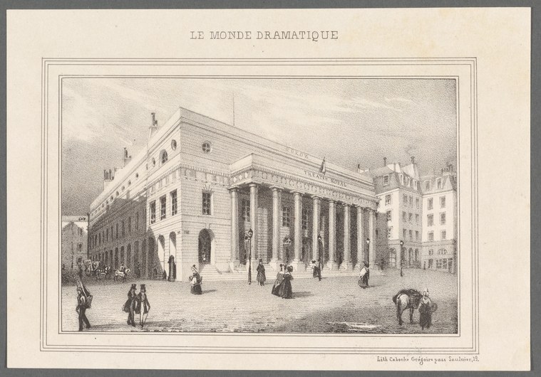 Engraving of the Théâtre de l'Odéon in Paris, a neoclassical building with columned portico and surrounding streets.