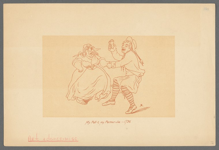 Pen and ink sketch of a woman in bonnet and full skirt leaning back with raised arm facing a man in striped breeches lunging forward, engaged in lively 1790s