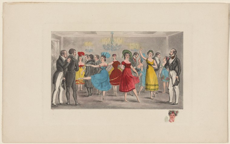Hand-colored engraving of a ballroom scene with a woman in red and a woman in blue dancing centrally, surrounded by formally dressed onlookers beneath