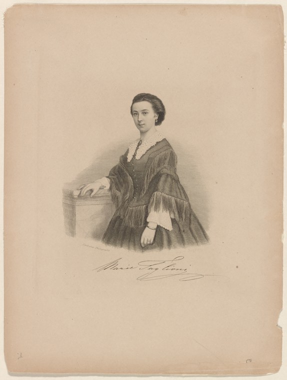 Three-quarter-length portrait of a woman in 1840s dress with dark draped skirt and white collar, gazing away, hand resting on a ledge.