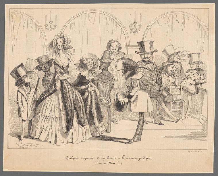 Satirical engraving of a crowded Parisian ballroom scene with oddly posed, exaggerated figures in mid-19th-century dress dancing and socializing beneath arched