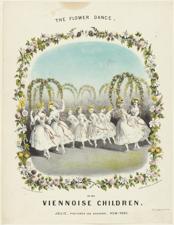 Hand-colored lithograph showing a dozen young girls in white dresses dancing in a loose formation beneath an arch of flowering vines.