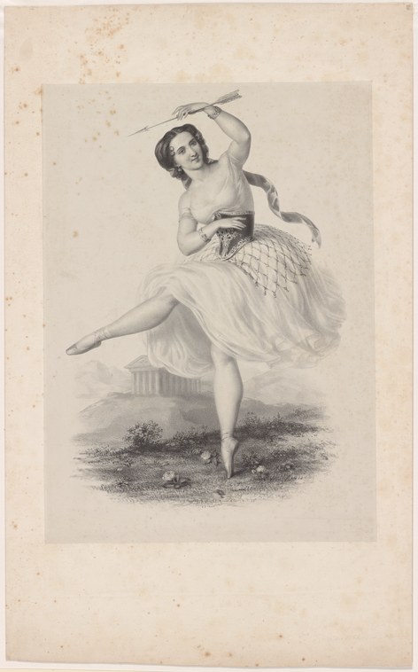 A young woman in a white classical gown suspended in a balletic arabesque, holding a laurel branch aloft, rendered as a delicate engraving.