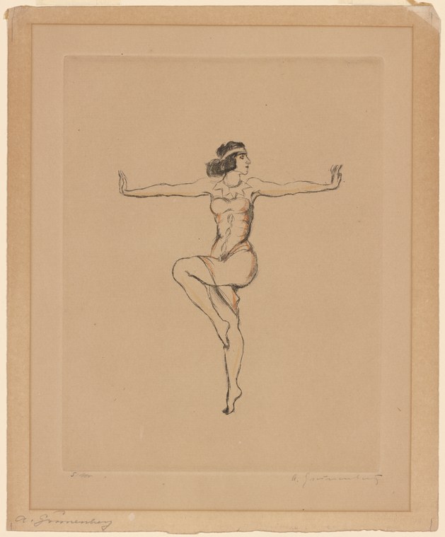 Single female dancer in classical ballet pose, arms spread wide, wearing draped Orientalist costume against plain background.
