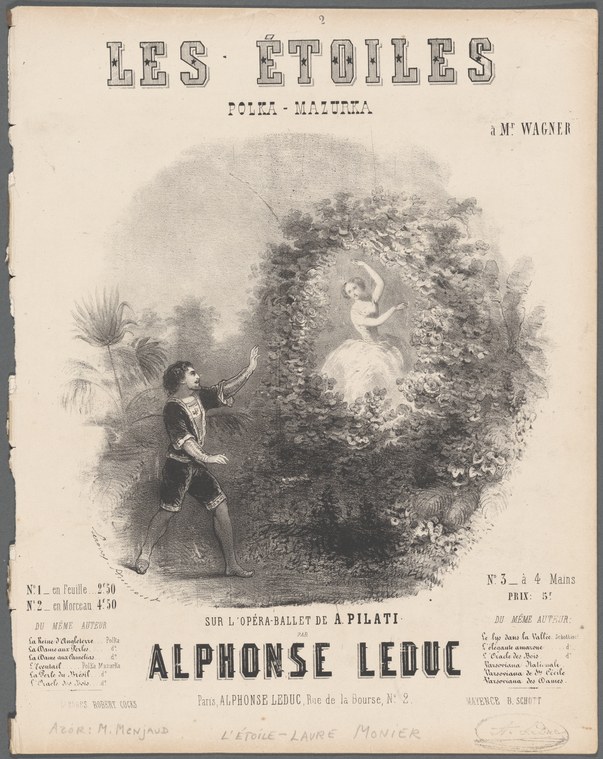 Engraving of a man in dark dress reaching toward an ethereal woman in white flowing gown emerging from an overgrown stone niche.