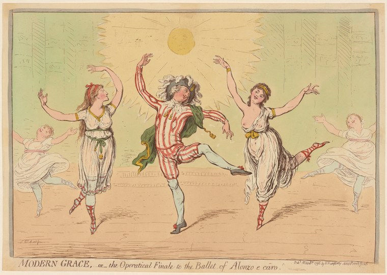 Five dancers in classical dress suspended in air with raised arms under a radiating sun, symmetrically arranged in a theatrical scene.