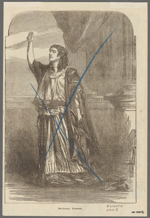 Engraving of a woman in classical drapery holding a torch aloft, head tilted back, in a theatrical interior.