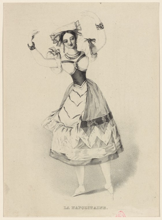 A woman in a dark corset and striped white skirt holds floating handkerchiefs aloft, in a 19th-century lithographic costume study.